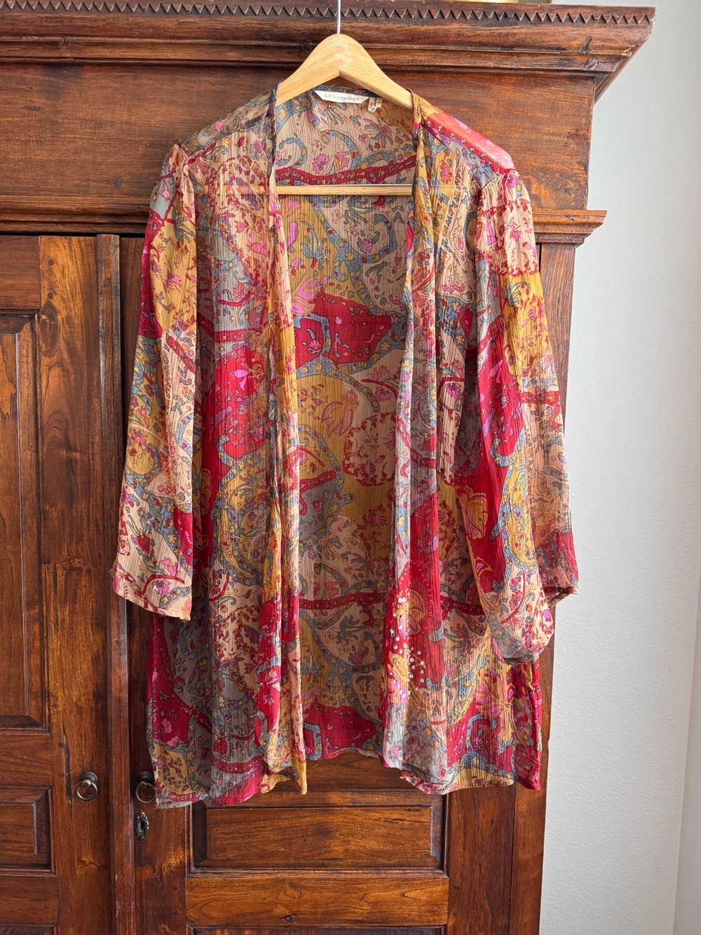Soft Surroundings Open Front Kimono Paisley Floral Sequin Accent L XL